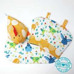 Frühstücksset Eierwärmer Eierhut Deckchen Deko Huhn bunt 2