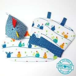 Frühstücksset Eierwärmer Eierhut Deckchen Deko Huhn Streifen 2