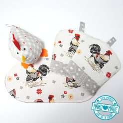 Frühstücksset Eierwärmer Eierhut Deckchen Deko Huhn Landhaus grau 2